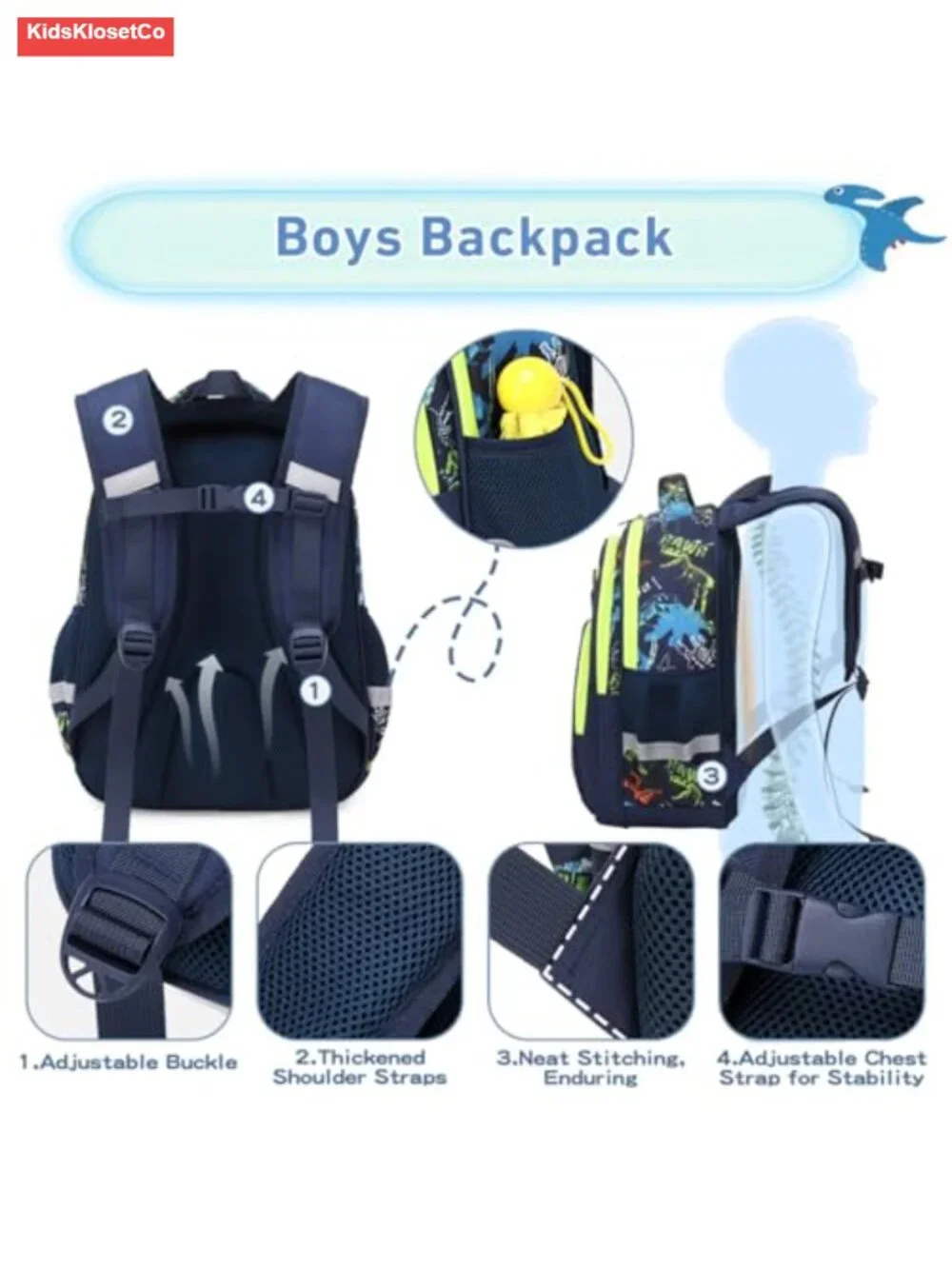 Clear Pocket Dinosaur Backpack for Boys with Badges, School Bag